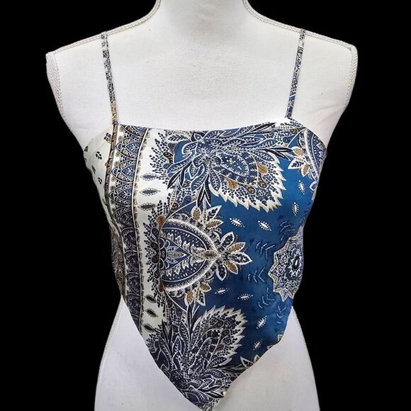 SHEIN Tops - Shein Bandana Crop Top S – Blue White Paisley Scarf Tie-Back Spaghetti Strap
